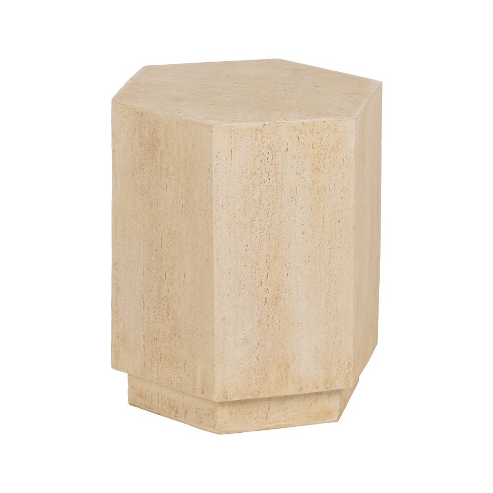 La mesa auxiliar hexagonal de magnesio beige Magnus combina un diseño moderno con funcionalidad. Con una superficie texturizada, este taburete de piedra beige es perfecto para cualquier espacio contemporáneo, ofreciendo un estilo elegante y un uso versátil.
