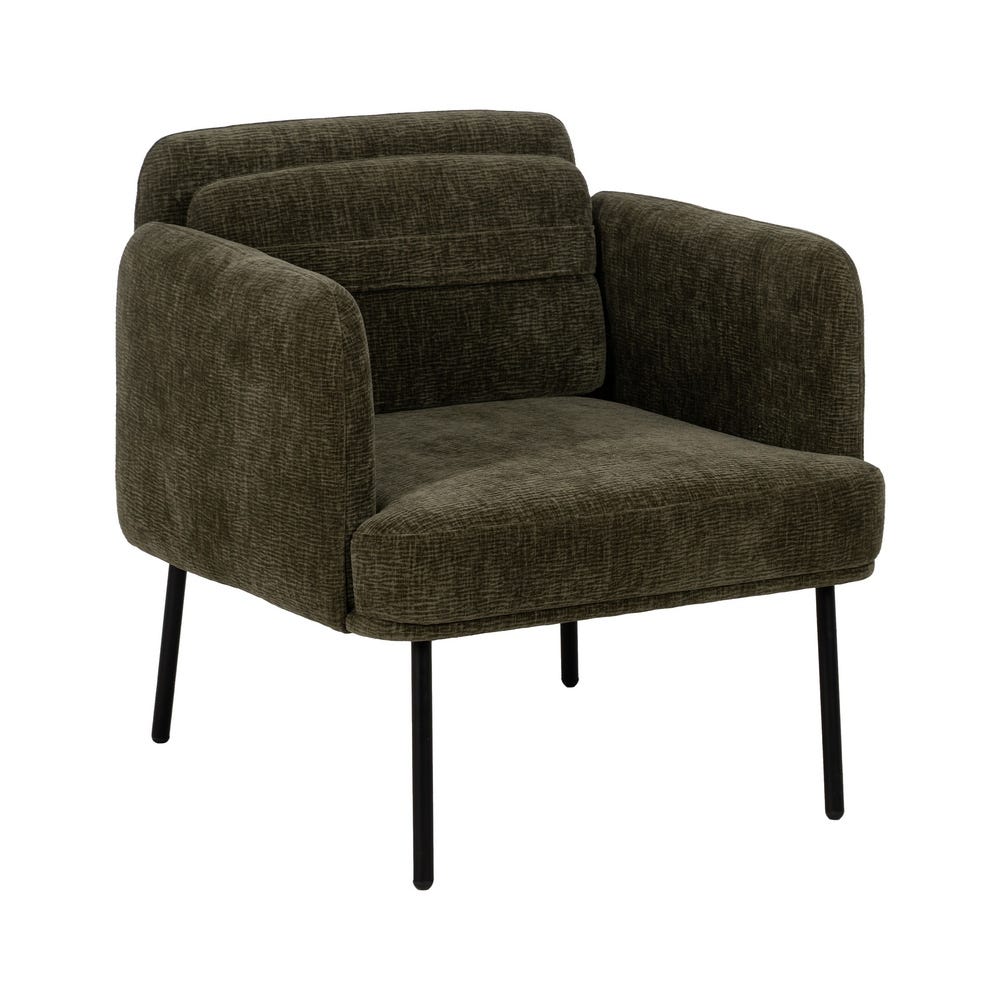 El Sillón en Tejido y Madera Motus es un sillón tapizado en color verde oscuro con patas de metal negro, perfecto para salones contemporáneos. Cuenta con un diseño moderno con respaldo y asiento acolchados para comodidad diaria.