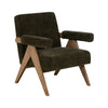 El Sillón en Tejido y Madera Dalian cuenta con un asiento tapizado en verde con patas y apoyabrazos de madera, ofreciendo una comodidad excepcional en un diseño elegante y moderno.
