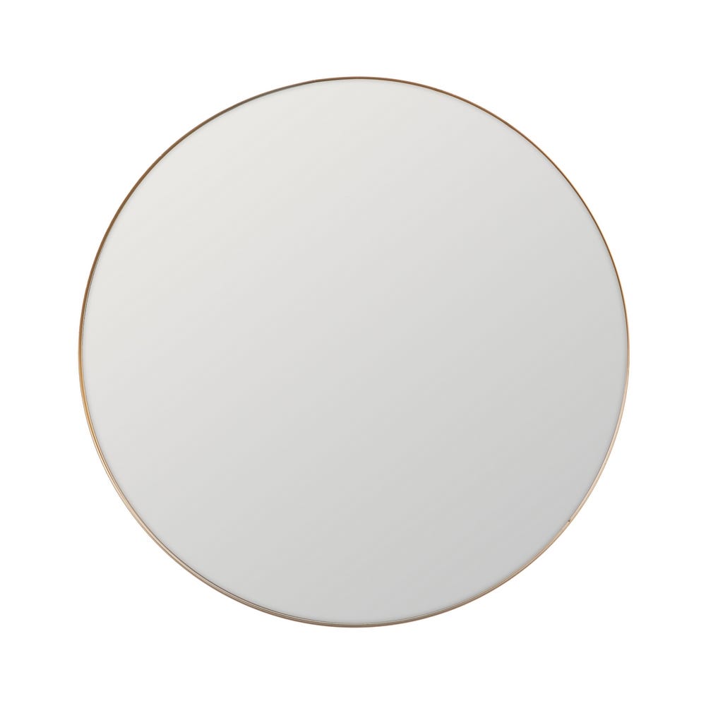 El Espejo de Aluminio Circular Oro Helsinki cuenta con un marco metálico delgado sobre fondo blanco, ideal para una decoración sofisticada.