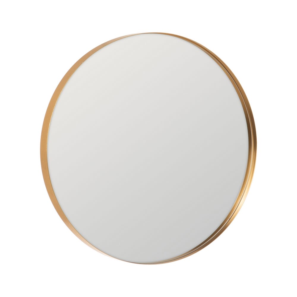 El Espejo de Aluminio Circular Oro Helsinki es elegante y moderno, con un marco delgado dorado que añade un toque de sofisticada decoración a cualquier habitación.