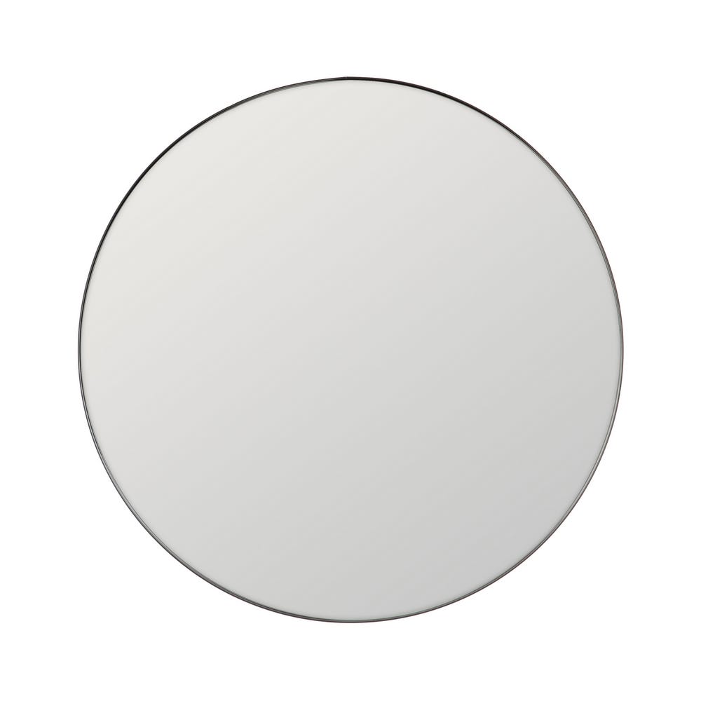 El Espejo de Aluminio Negro Circular Stylo es un espejo redondo sin marco con una superficie lisa que refleja perfectamente cualquier fondo liso, ideal para una decoración moderna.