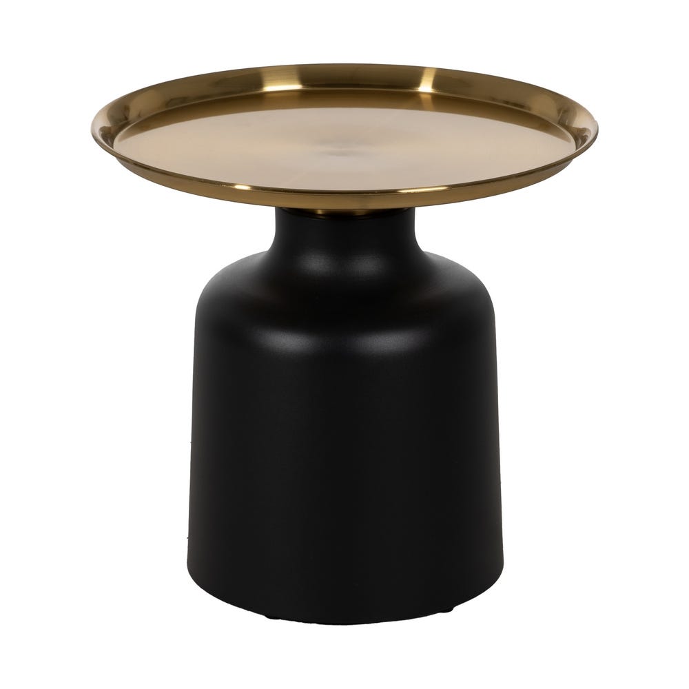 La Mesa auxiliar en metal negro dorado Vetal Ø50 es una mesa pequeña y redonda con un diseño moderno y elegante, que presenta una base de metal negro y un llamativo tablero dorado.