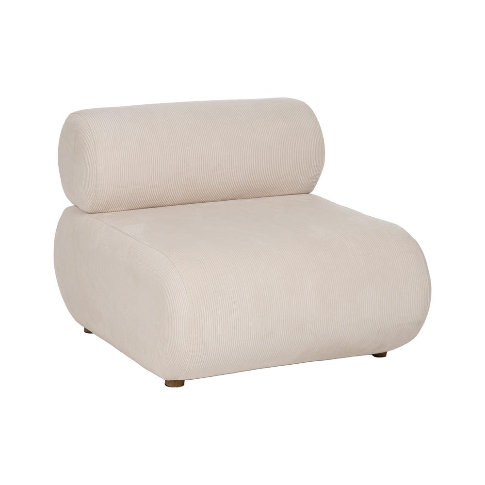 El Sillón en Madera de Abedul y Tejido Pana Broto es un sillón moderno de color beige, sin brazos, con respaldo y asiento redondeados, elaborado con materiales de alta calidad y con un diseño minimalista.