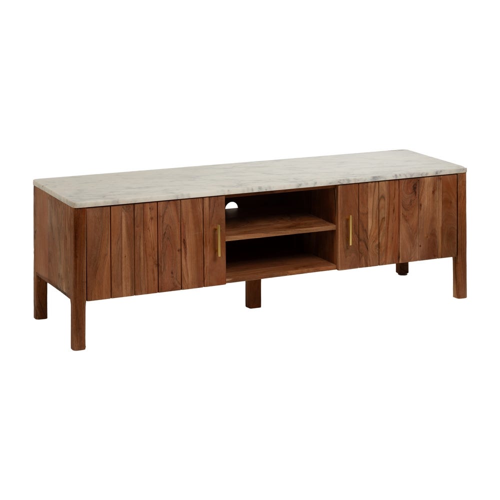 El Mueble de TV en madera de acacia y mármol Modern está elaborado con madera de acacia natural y cuenta con una elegante superficie de mármol. Incluye dos gabinetes a cada lado y dos estantes abiertos en el centro para un almacenamiento versátil.