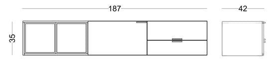 Dibujo técnico del Mueble TV Vooxy, un mueble rectangular con un diseño minimalista. Las dimensiones son 187 cm de largo, 42 cm de profundidad y 35 cm de altura. Con un acabado eco blanco, el mueble tiene una puerta corredera a la izquierda y cajones a la derecha.