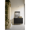 Habitación minimalista con un Aparador Arista 3P3C negro que muestra una obra de arte abstracto enmarcada, una pequeña escultura, un jarrón junto a una planta verde colgante y un fondo de tonos neutros.