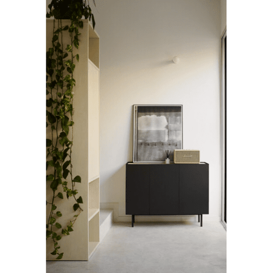 Habitación minimalista con un Aparador Arista 3P3C negro que muestra una obra de arte abstracto enmarcada, una pequeña escultura, un jarrón junto a una planta verde colgante y un fondo de tonos neutros.