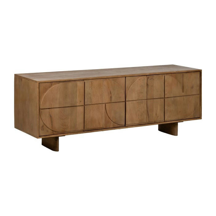El Aparador bajo en Madera de Mango Miel es un hermoso aparador de madera con cuatro puertas que presentan patrones geométricos circulares. Ideal para un salón moderno, infunde elegancia y estilo contemporáneo a su espacio habitable.