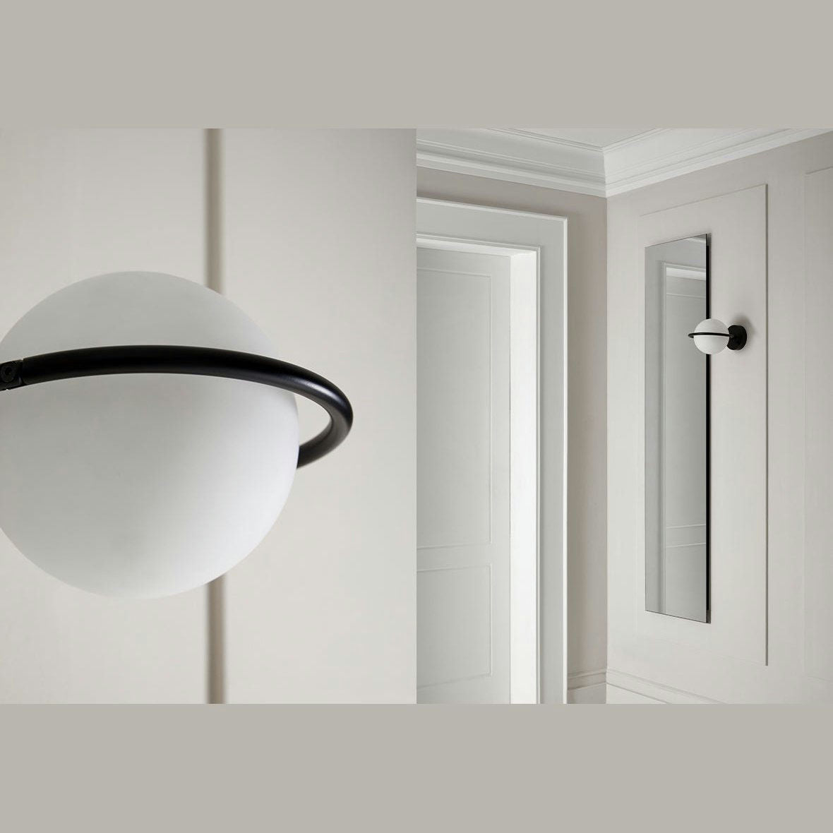 Vista amplia y de cerca del Aplique de pared Abbacus, que presenta una pantalla circular blanca y un anillo negro sobre una pared gris claro, mostrando su elegancia moderna.