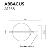 Diagrama técnico del aplique de pared Abbacus, destacando su diseño minimalista: 244 mm de ancho, 140 mm de alto y 100 mm de profundidad. Incluye un interruptor basculante elegantemente etiquetado.