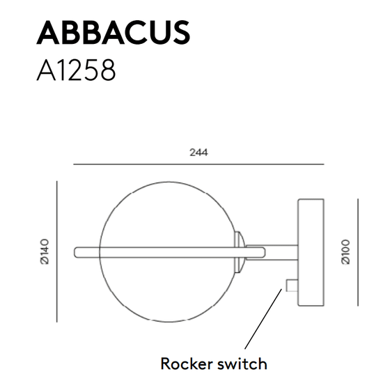 Diagrama técnico del aplique de pared Abbacus, destacando su diseño minimalista: 244 mm de ancho, 140 mm de alto y 100 mm de profundidad. Incluye un interruptor basculante elegantemente etiquetado.