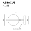 Diseño técnico del aplique de pared Abbacus a1258 que incluye dimensiones y un interruptor basculante, presentado en un diagrama claro y etiquetado.