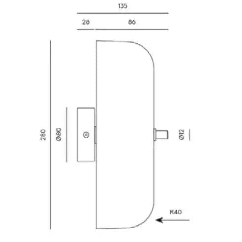 Diagrama técnico que muestra las dimensiones del aplique de pared Atil. Las medidas son 135 x 280 mm con un radio de curvatura de R40. Los diagramas tienen etiquetas para especificaciones de tamaño adicionales, ideal para lograr iluminación difusa en un diseño moderno.