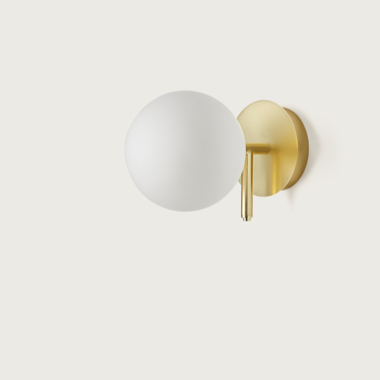 El aplique de pared Atom, con un diseño dorado y blanco con una pantalla redonda de vidrio esmerilado, está montado sobre un fondo claro, personificando la iluminación minimalista.