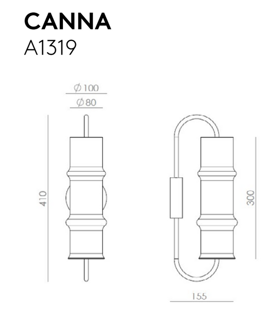 Diagrama de Aplique de pared Canna con dimensiones: alto 410 mm, ancho 155 mm, diámetro 80 mm. Presenta vistas frontal y lateral que muestran su diseño moderno y elegante. Perfecto para espacios contemporáneos que buscan una iluminación LED elegante.