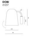 Ilustración de Aplique de pared Dobi en negro mate, dimensiones: alto 195mm, diámetro 115mm, ancho 180mm. Las flechas resaltan las partes ajustables, mostrando su diseño minimalista.