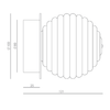 Dibujo técnico de un objeto circular con superficie acanalada y dimensiones etiquetadas, incluyendo una vista lateral que muestra el espesor, diseñado para iluminación funcional utilizando el Aplique de pared Doul.