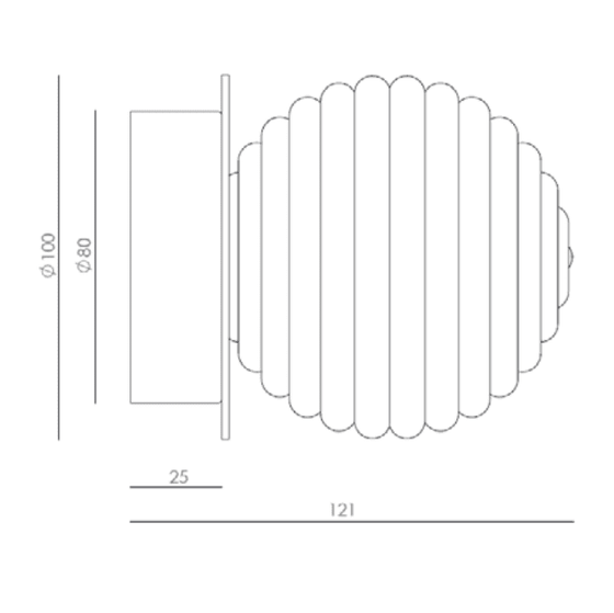 Dibujo técnico de un objeto circular con superficie acanalada y dimensiones etiquetadas, incluyendo una vista lateral que muestra el espesor, diseñado para iluminación funcional utilizando el Aplique de pared Doul.