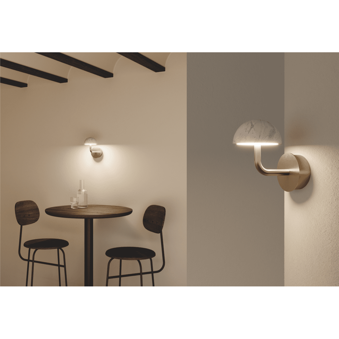 Un rincón acogedor con una mesa redonda de madera, dos sillas y dos apliques Dussa que proporcionan una suave iluminación al espacio.