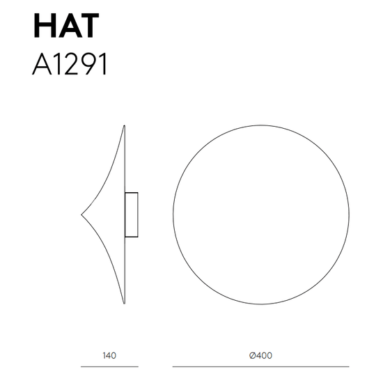 Dibujo técnico de un diseño de Aplique de pared Hat con la etiqueta "HAT A1291" con vistas lateral y superior, incluidas las dimensiones de 140 mm y el diámetro de 400 mm.