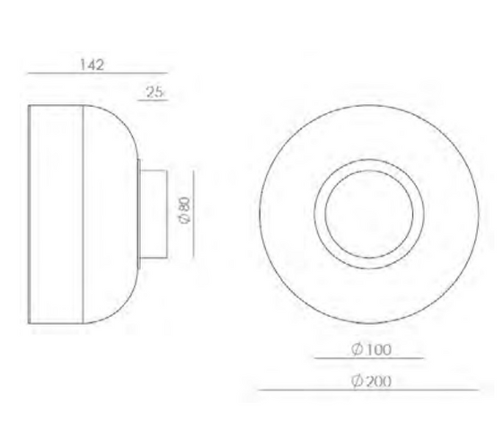 El dibujo técnico del Aplique de pared Ipon presenta un diseño minimalista con vistas laterales y frontales. Muestra dimensiones: 142 mm de profundidad, diámetros centrales de 25 mm y 80 mm en la vista lateral, 100 mm y 200 mm en la vista frontal, acomodando iluminación LED.