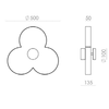 Diagrama de una forma trilobulada que recuerda al Aplique de pared Oket, con dimensiones: 500 de diámetro en la vista frontal y 135 de largo, 50 de ancho y 100 de diámetro en la vista lateral. Su diseño encarna una iluminación moderna con líneas elegantes y una simetría cuidada.