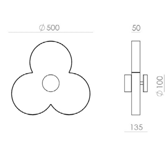 Diagrama de una forma trilobulada que recuerda al Aplique de pared Oket, con dimensiones: 500 de diámetro en la vista frontal y 135 de largo, 50 de ancho y 100 de diámetro en la vista lateral. Su diseño encarna una iluminación moderna con líneas elegantes y una simetría cuidada.