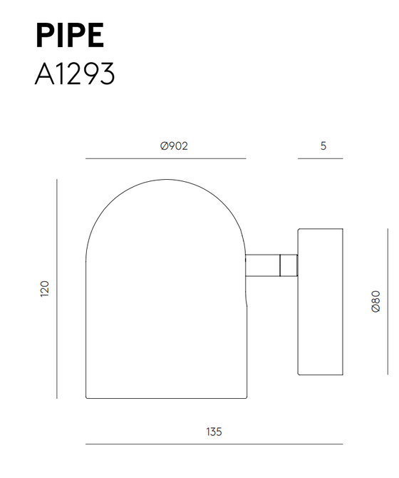 Esta ilustración muestra el aplique de pared Pipe, con un diseño minimalista y dimensiones: alto 120, ancho 135, profundidad 80 y diámetro 90,2. Ofrece una iluminación directa y elegante para cualquier espacio moderno.