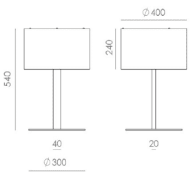 El dibujo técnico muestra dos lámparas Rems de pared de diseño minimalista y elegante. La lámpara de la izquierda mide 540x40 con un diámetro de base de 300 y la de la derecha mide 240x20 con un diámetro de base de 400, ideal para una iluminación óptima en cualquier espacio.