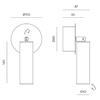 El aplique de pared Tura es una luminaria cilíndrica de montaje en pared con dimensiones: 100 mm de diámetro, 140 mm de altura y se extiende 66 mm desde la pared. Su vista frontal muestra un diámetro de 42 mm, lo que encarna un estilo de iluminación industrial chic.