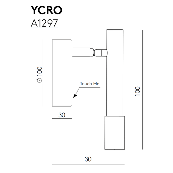 Dibujo técnico de un grifo rotulado "Aplique de pared YCRO A1297", con dimensiones y una flecha indicadora "Touch Me" en estilo minimalista.