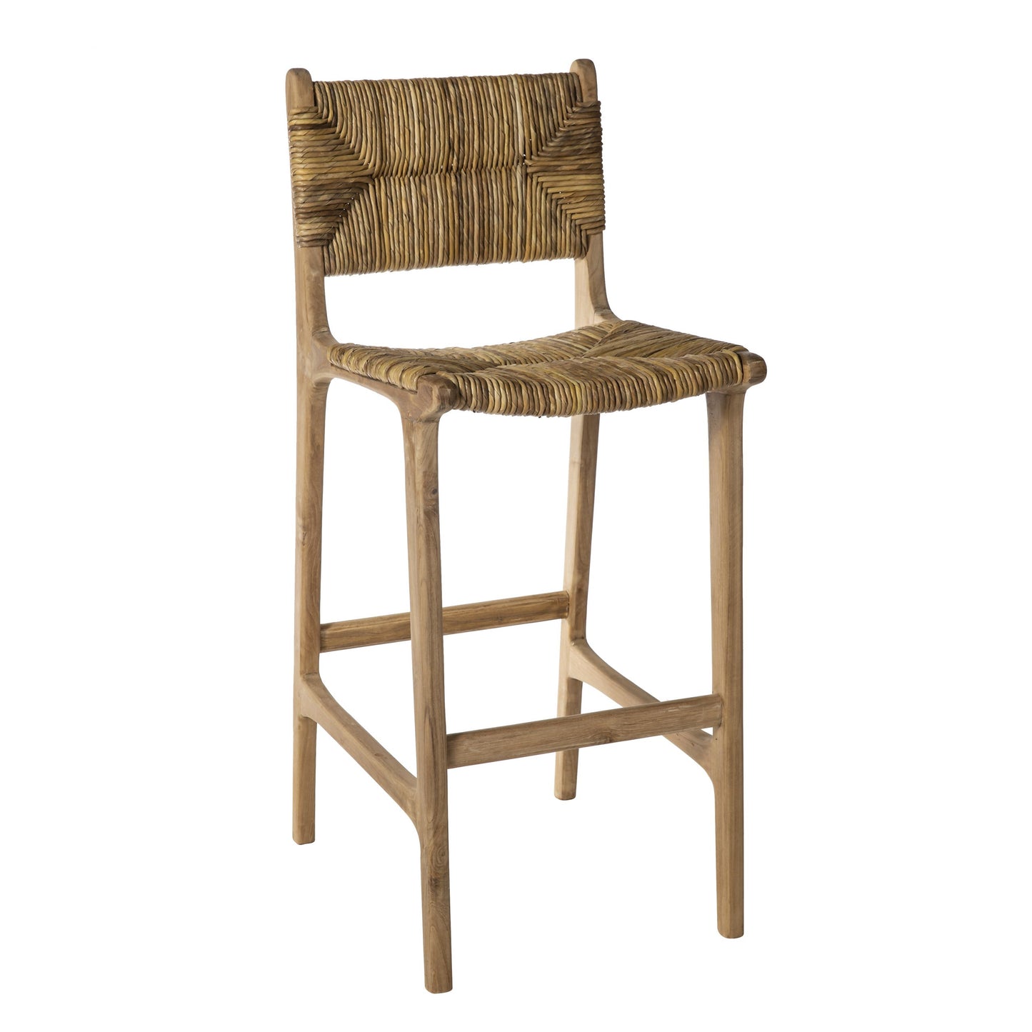 Descubre el Taburete alto en madera de teca y fibra de banano Tulum, un elegante taburete de bar con asiento y respaldo de ratán trenzado. Ideal para la decoración de interiores, ofrece elegancia y comodidad a cualquier espacio.