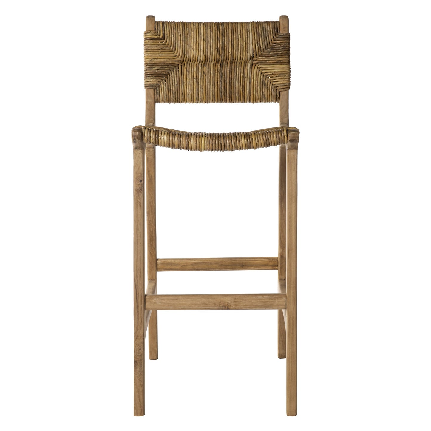 El Taburete alto en madera de teca y fibra de plátano Tulum es un elegante asiento con respaldo de tejido de ratán, ideal para aportar un toque natural a la decoración interior.