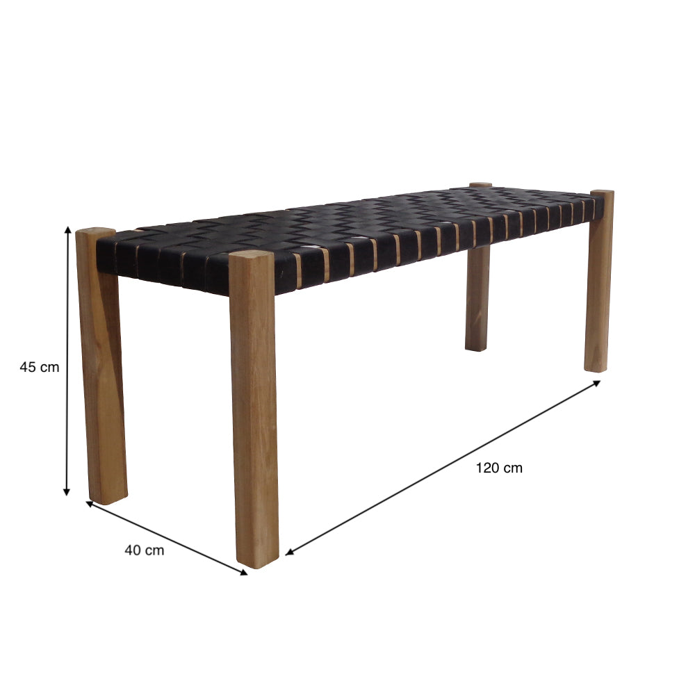La Banqueta en Madera de Teca y Cuero Zoe Black (120 cm) destaca por su diseño atemporal y elegante, con patas de teca y asiento de cuero negro; Medidas 120 x 40 x 45 cm.