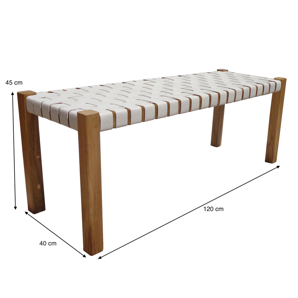 Banqueta en madera de teca y cuero Zoe White (120 cm), con asiento tapizado en cuero blanco, mide 120x40x45 cm.