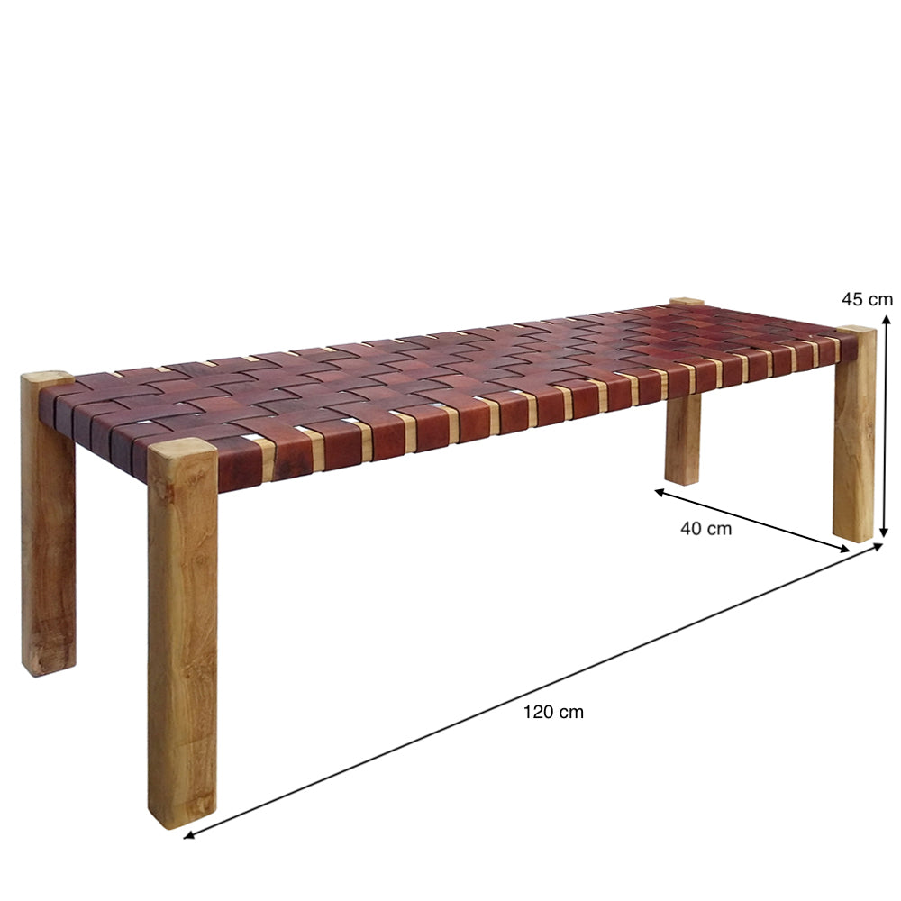 La Banqueta Zoe Brown (120 cm) combina madera de teca y asiento de cuero, mide 120cm x 40cm x 45cm, y aporta elegancia rústica y funcionalidad a cualquier ambiente.