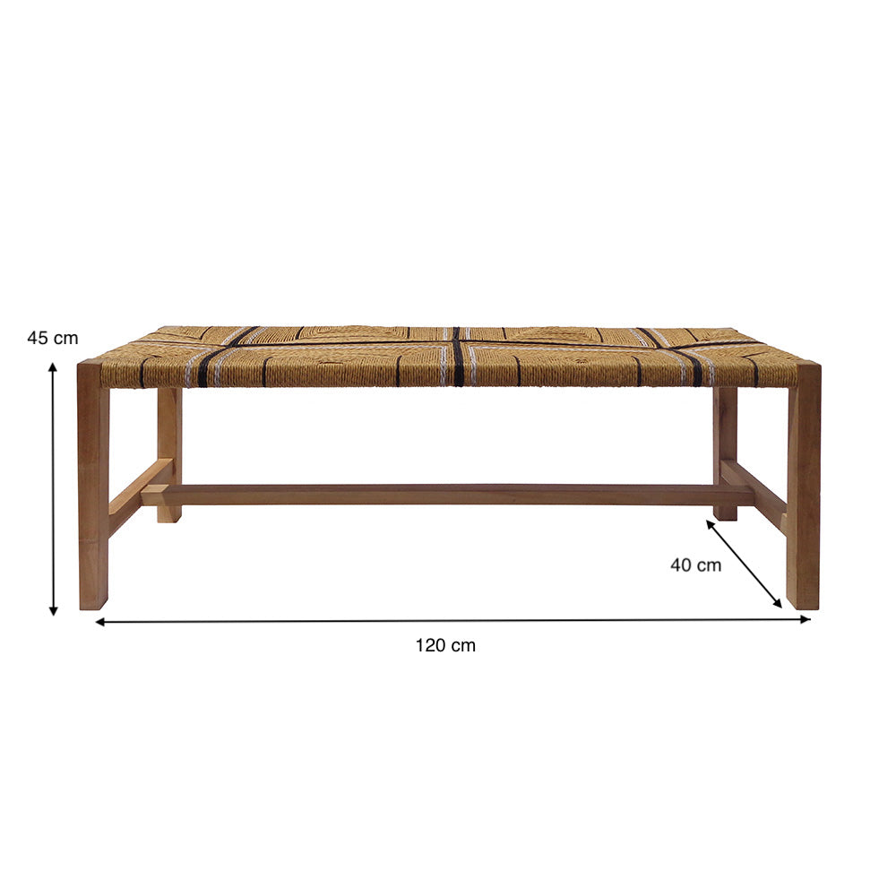 Banqueta en Madera de Teca y Ratán Corea de diseño rústico moderno, con asiento tejido. Medidas: 120 cm de largo, 40 cm de ancho y 45 cm de alto. Incluye líneas y etiquetas de medición visibles.