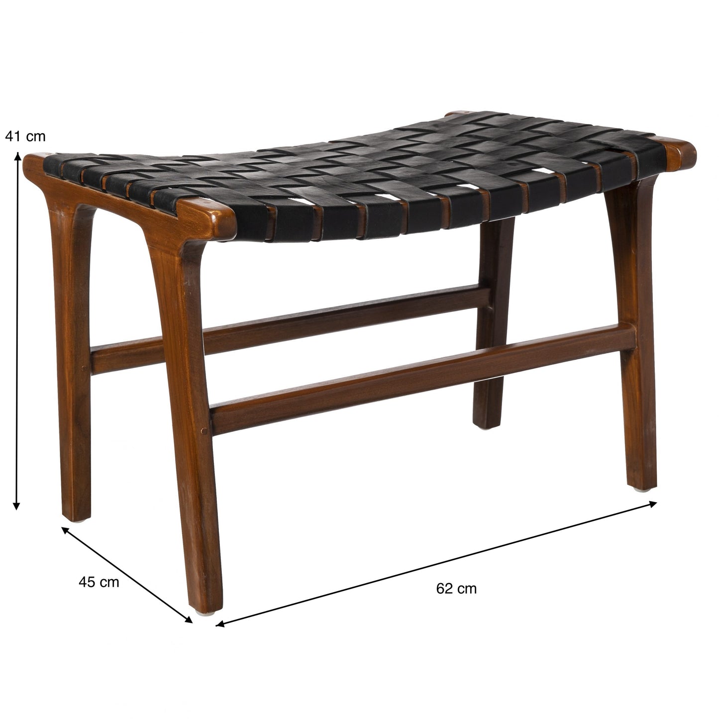 La Banqueta Zoe Black Antique (62 cm) presenta una estructura de madera y un asiento de cuero negro tejido, combinando el encanto antiguo con un estilo moderno. Dimensiones: 41 cm de alto, 62 cm de ancho y 45 cm de fondo.