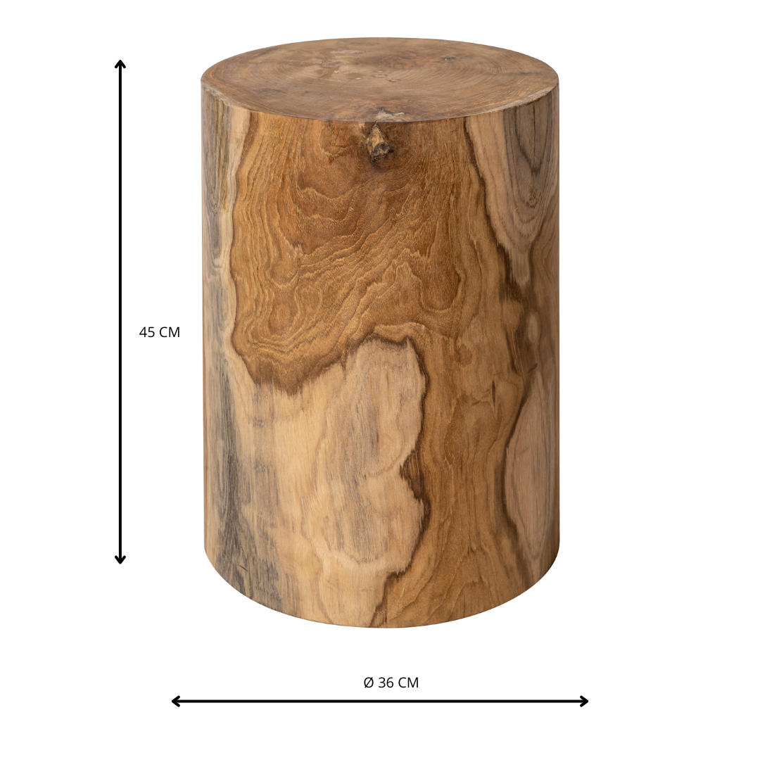 El Puff redondo en madera de teca Cilinder es un taburete cilíndrico de madera de teca de gran calidad, con vetas naturales y unas medidas de 45 cm de alto por 36 cm de diámetro. Su diseño versátil complementa cualquier espacio.