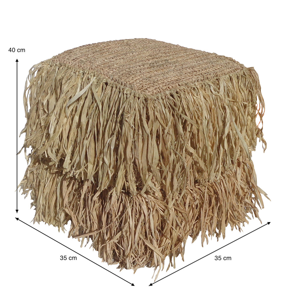 Puff cuadrado de madera y sisal Puff cuadrado de madera y sisal con flecos y diseño bohemio, de 40 cm de alto y 35 cm de ancho/profundidad, complementa cualquier espacio con su color natural.