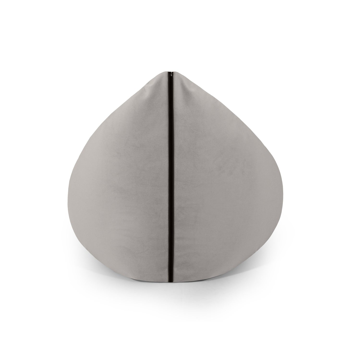 El puff de terciopelo CLIP CLAP 115 BARCELONA (115×90×75 cm), gris y en forma de lágrima con una costura negra vertical, se muestra sobre un fondo blanco, ideal para salones o dormitorios modernos.