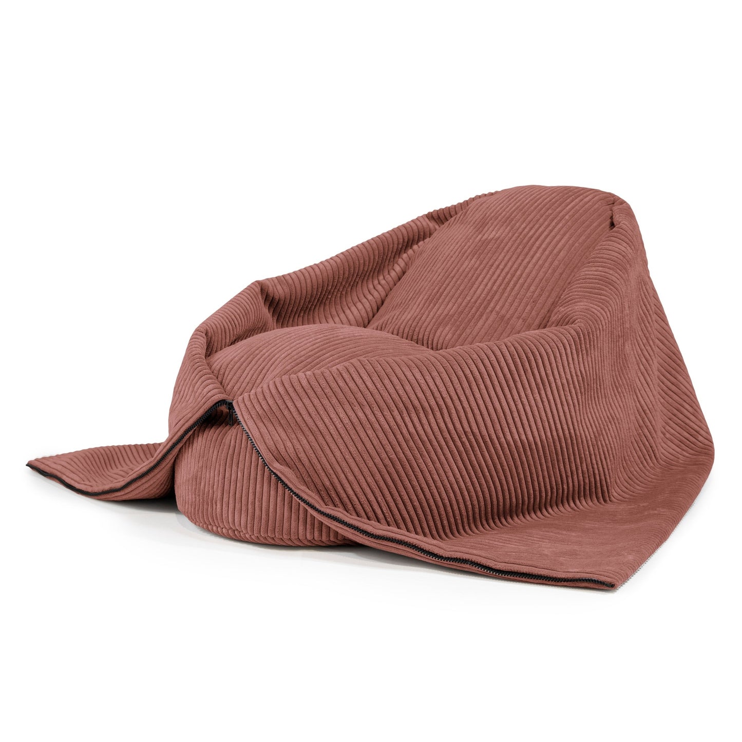 A Bean bag puff infantil de terciopelo acanalado 80×45×50 cm COCOON 80 WAVES en rosa apagado, sobre fondo blanco.