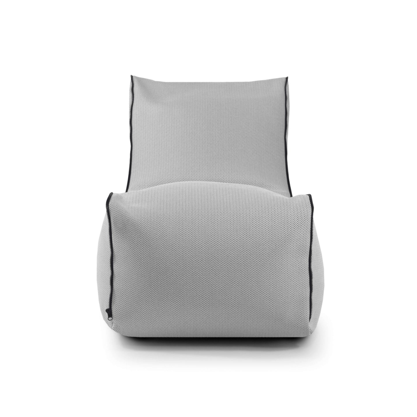 El Bean bag Lounge Zip Canaria - uso exteriores es un sillón lounge bean bag de color gris claro con respaldo alto, ribete negro y asiento ergonómico, que se muestra sobre fondo blanco.