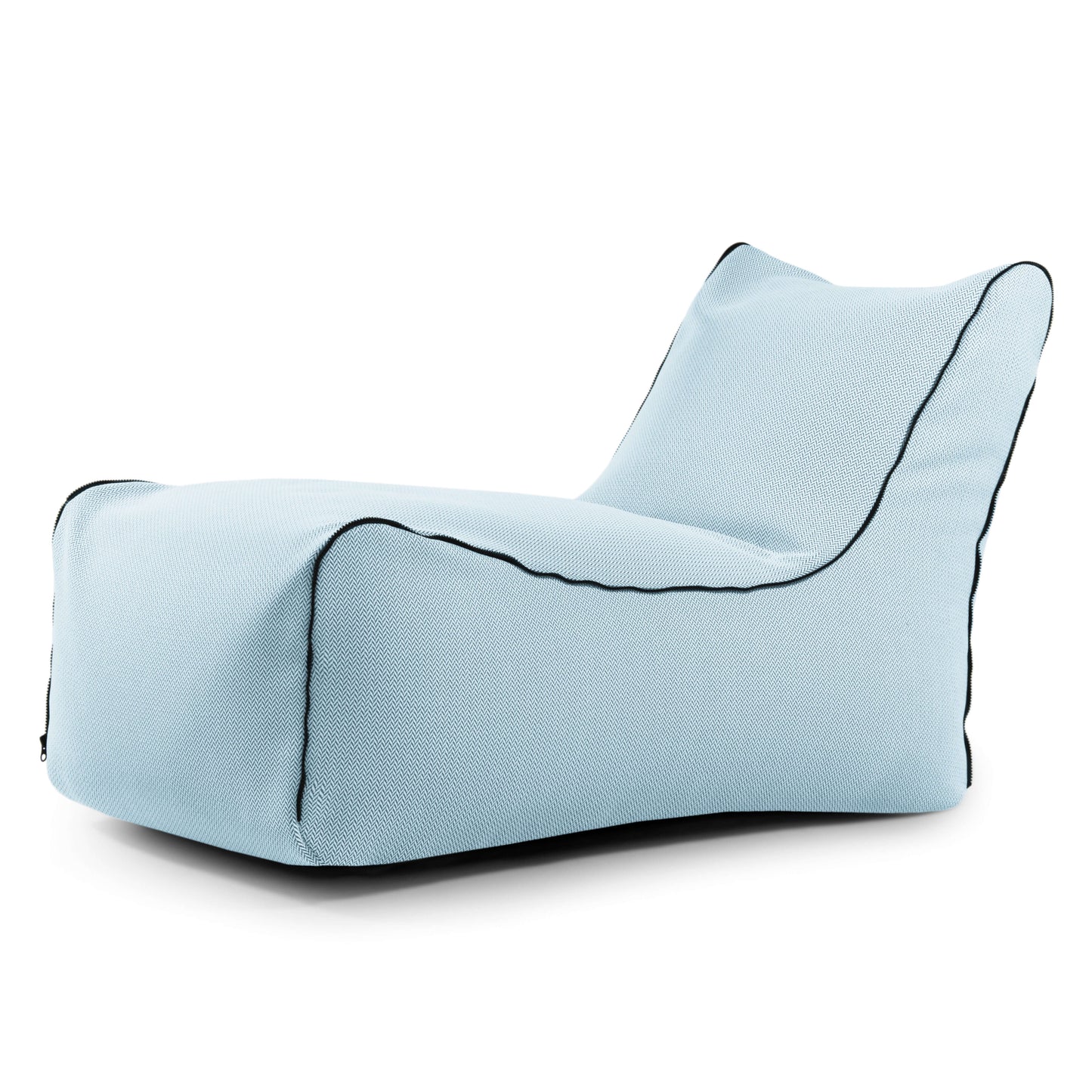 El Bean bag Lounge Zip Canaria es un sillón de exterior de color azul claro con ribetes negros, un asiento bajo y ancho y un respaldo ligeramente reclinado para mayor comodidad ergonómica, que se muestra sobre un fondo blanco.