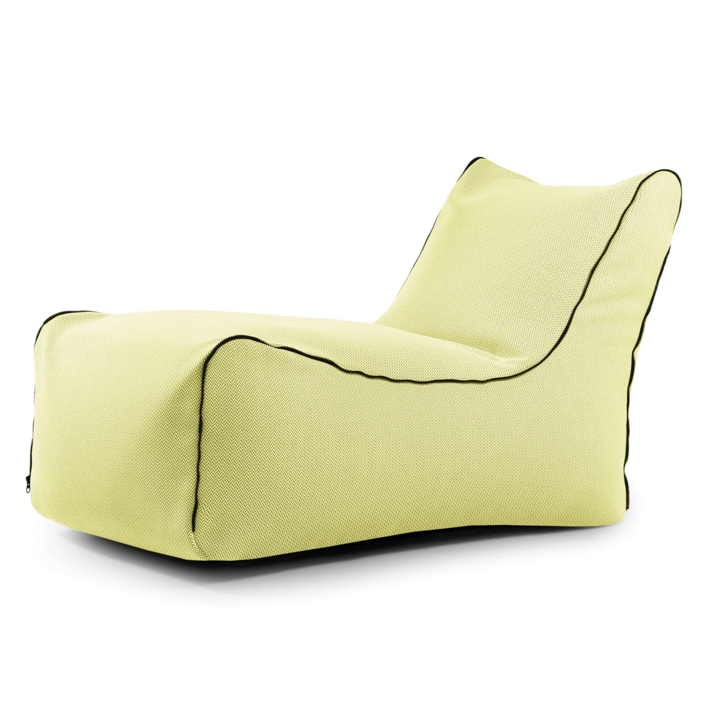 Bean bag Lounge Zip Canaria de color verde claro para uso en exteriores, con ribete negro, asiento ergonómico acolchado bajo y respaldo ligeramente reclinado, sobre fondo blanco.