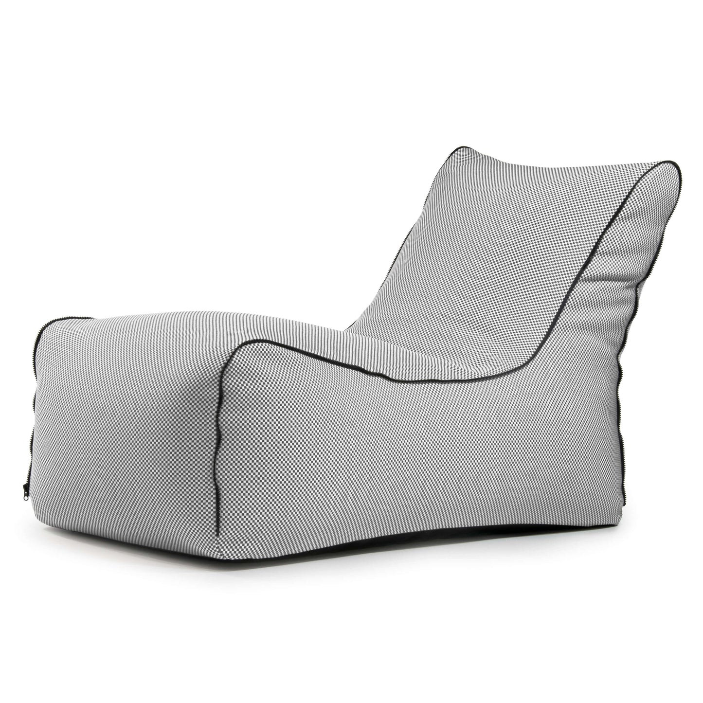 La Bean bag Lounge Zip Capri es una moderna tumbona sin brazos para exteriores, con respaldo ligeramente reclinado y asiento ergonómico, tapizada en tejido texturizado gris claro con ribetes negros.