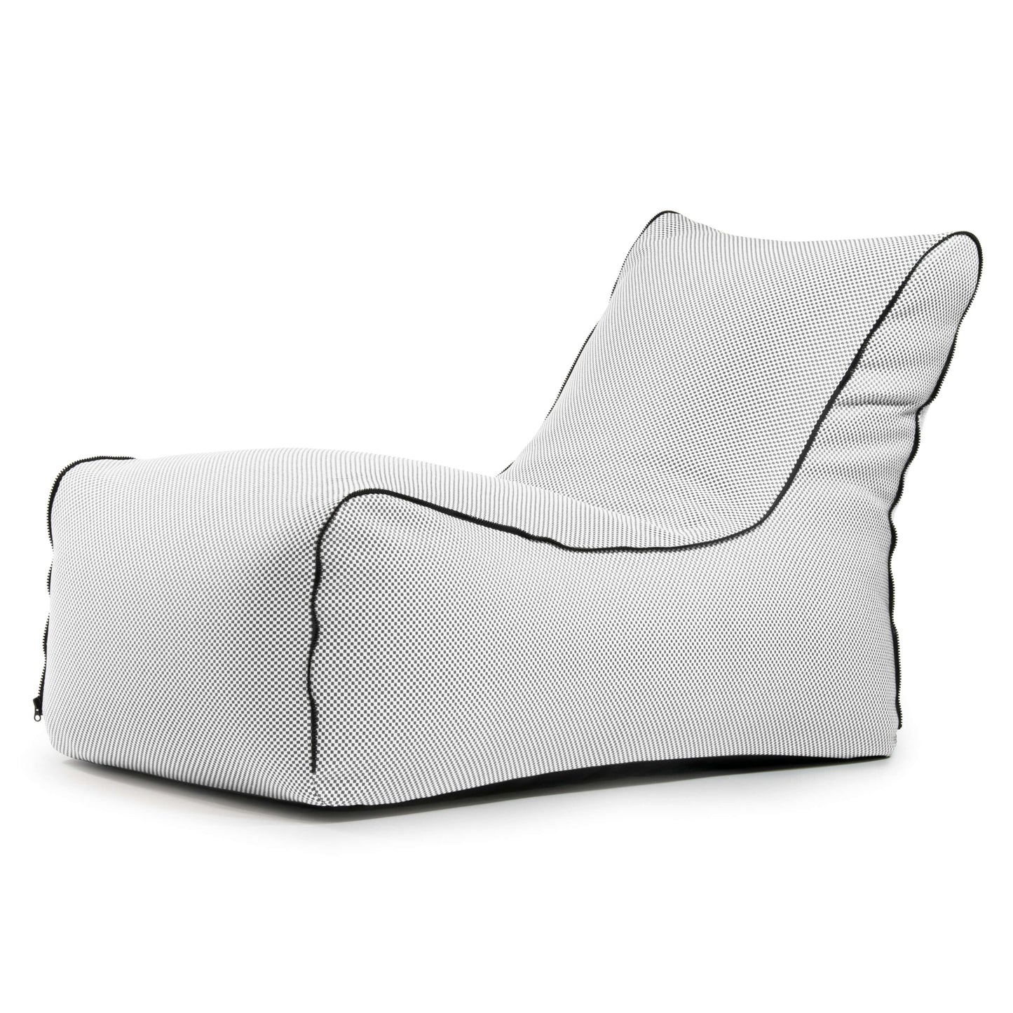 El Bean bag Lounge Zip Capri - uso exterior es un moderno sillón de tela blanca con ribetes negros y un diseño relajado inspirado en los bean bags para uso exterior.