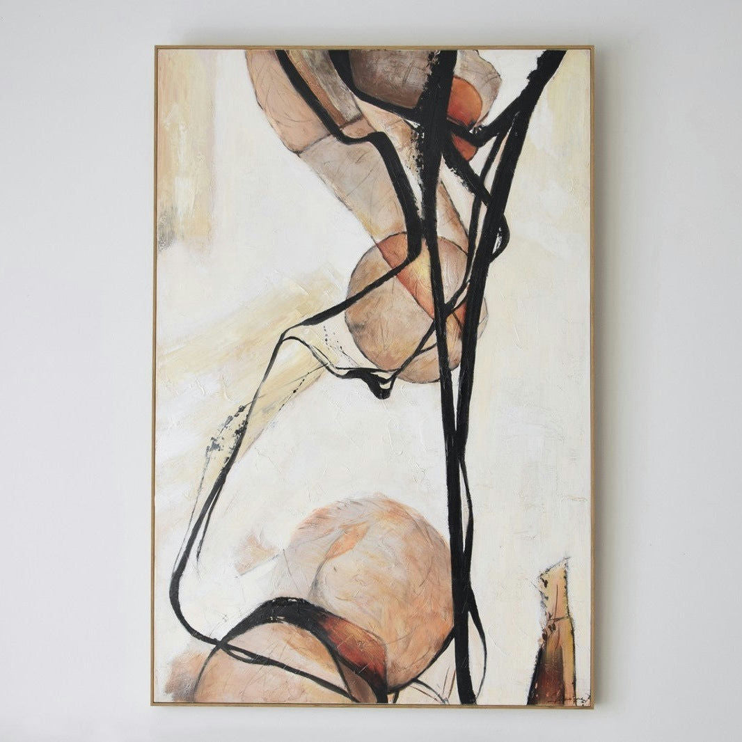 El Cuadro Movimiento N.1 es una sorprendente pieza de arte contemporáneo, con líneas negras curvas pintadas a mano y formas circulares de color tostado sobre un fondo claro, enmarcado y listo para montar en la pared.