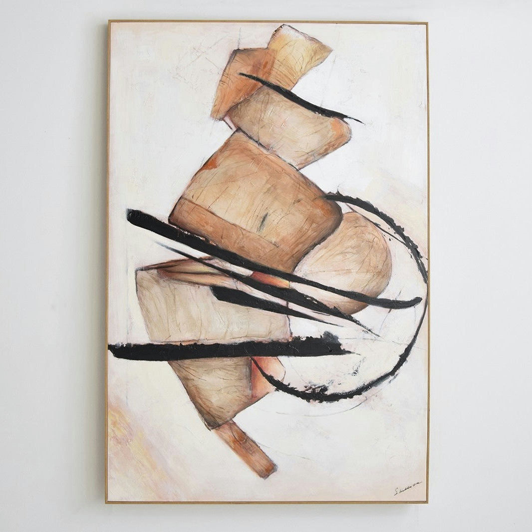 Cuadro Movimiento N.2 combina formas beige, líneas negras atrevidas y patrones circulares sobre un fondo claro, enmarcado en madera clara. Ideal para diseño de interiores, esta pieza de arte contemporáneo agrega elegancia y modernidad a cualquier espacio.